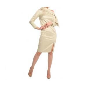 NEW CENIA asymmetric scarf collar sheath dress in gold